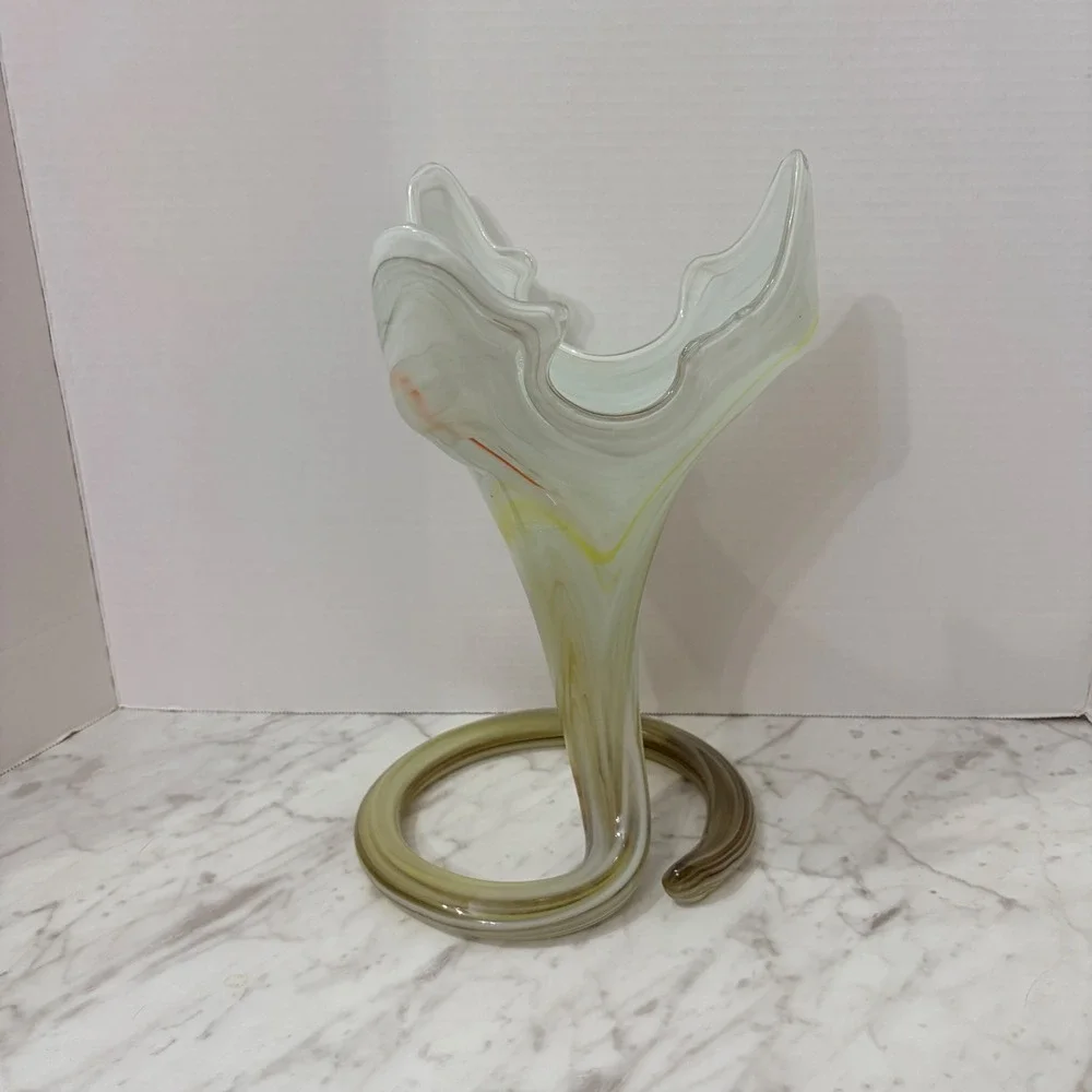 Vintage Murano Style Hand-Blown‎ Art Glass Vase Yellow White Swirl Pattern